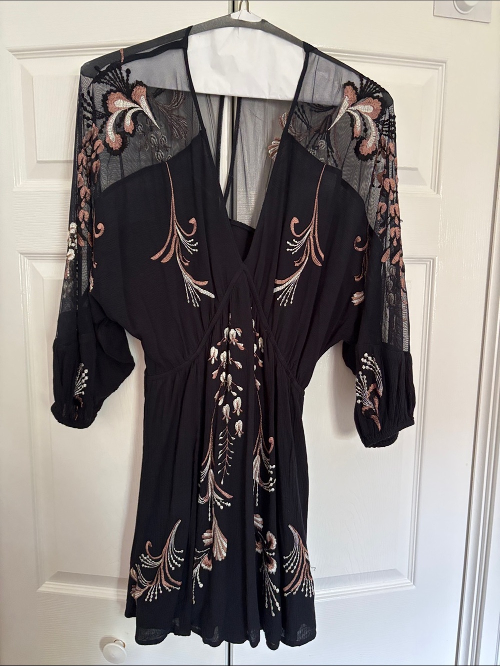 Free People Black Embroidered V-Neck Dress with Mesh and Rose Gold Accents
